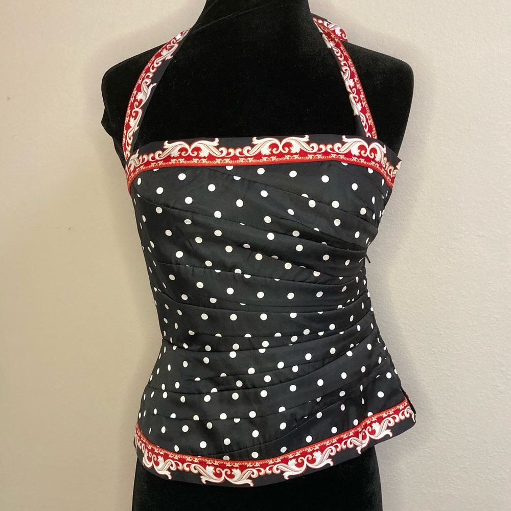 NWT WHBM Women's Red and Black Patterned Structured Corset Halter Top